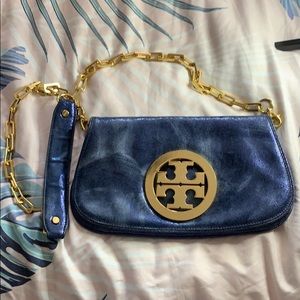 Tory Burch Blue Leather Crossbody Bag with Gold Accents